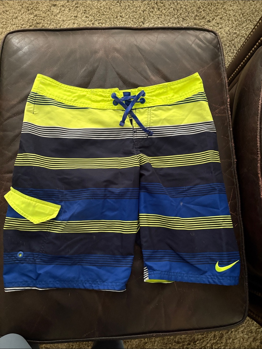 Nike Boys Neon Yellow Navy Blue Striped Swim Trunks